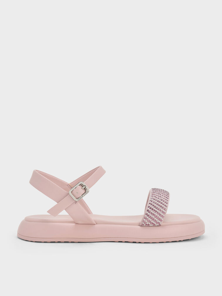 Girls' Crystal-Pearl Puffy Sandals, Light Pink, hi-res