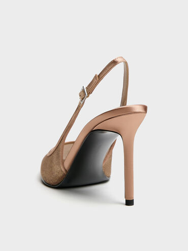 Glittered Mesh Pointed Slingback Pumps, Brown, hi-res