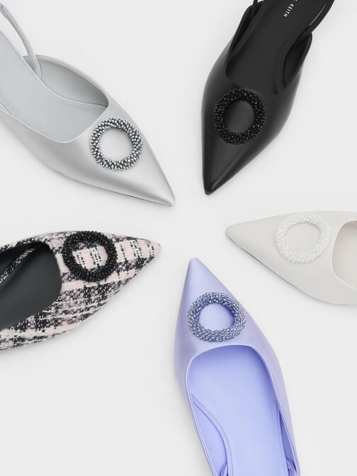 باليرينا من بوليستر معاد تدويره مزينة بإكسسوار دائري خرز وحزام خلفي, فضي, hi-res