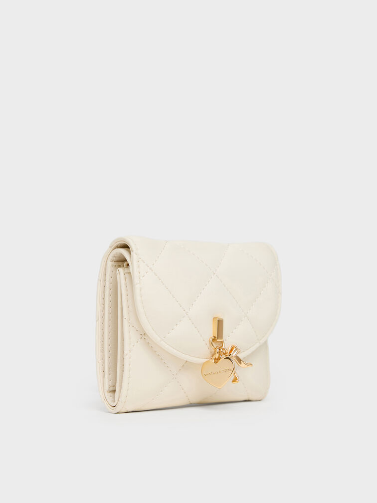 Arrietty Quilted Bow-Heart Charm Curved-Flap Wallet, Cream, hi-res