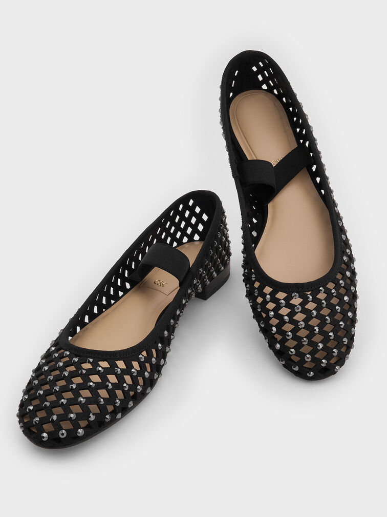 Studded Cut-Out Mary Jane Flats, Black, hi-res