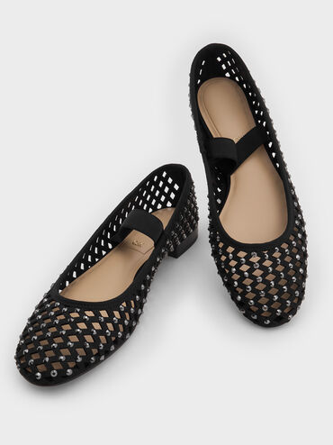 Studded Cut-Out Mary Jane Flats, Black, hi-res