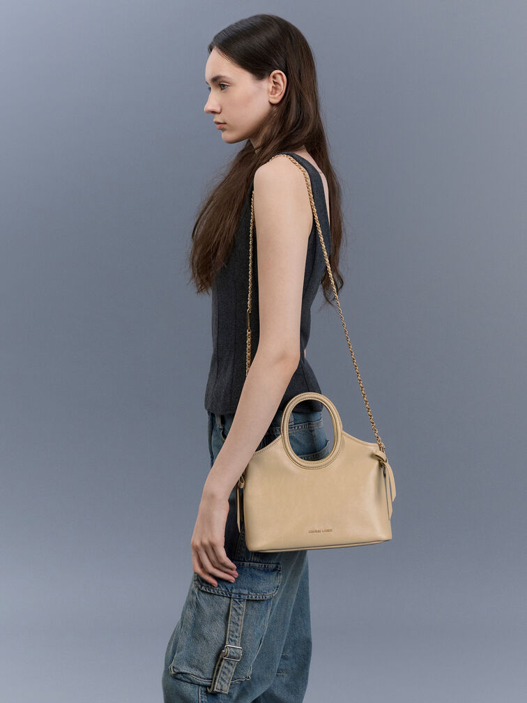 شنطة توت بحمالة بيضاوية وفيونكة, Sand Beige, hi-res