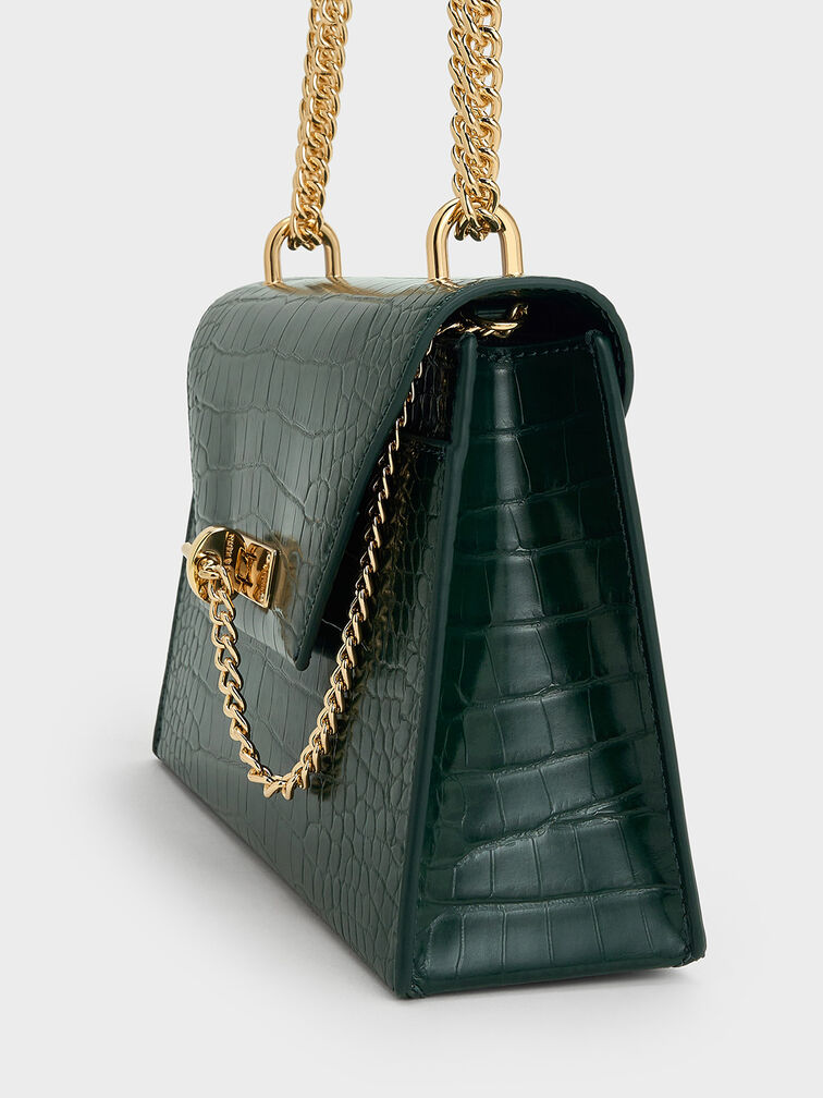 Samantha Croc-Effect Envelope Chain-Handle Bag, Dark Green, hi-res