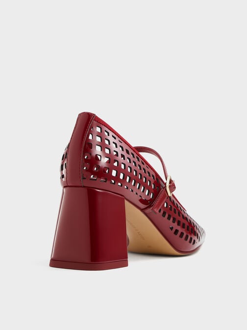 حذاء ماري جين بفتحات من الجلد اللامع بمقدمة مربعة وكعب مربع, أحمر, hi-res