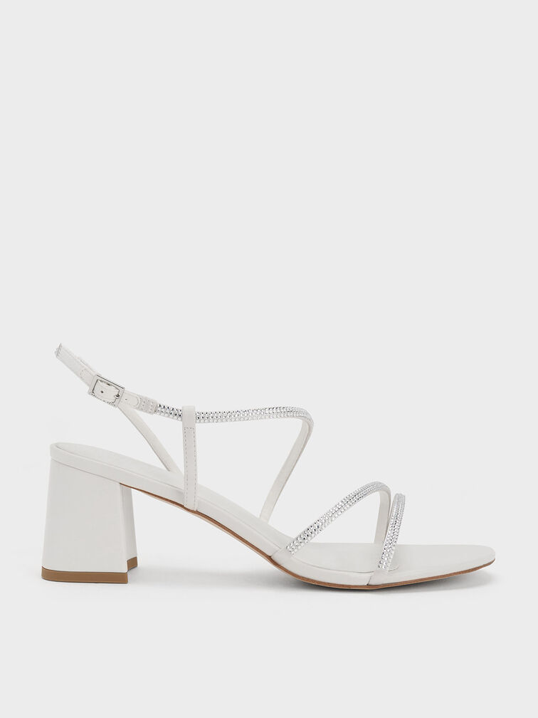 Satin Crystal-Embellished Block-Heel Strappy Sandals, White, hi-res