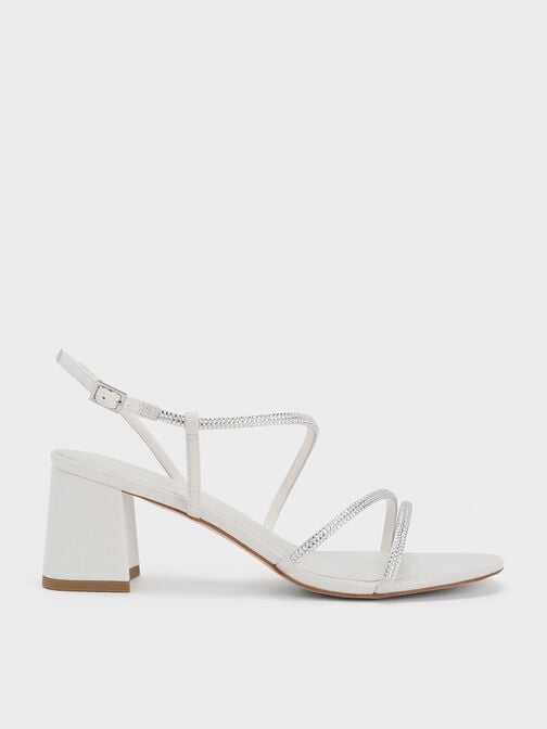 Satin Crystal-Embellished Block-Heel Strappy Sandals, White, hi-res