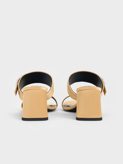 Recycled Polyester Crystal-Buckle Block-Heel Mules, Champagne, hi-res