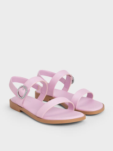 صنادل للبنات بحزام مزدوج سلينجباك مفتوح من الخلف وإبزيم كريستالي ولمعة اللؤلؤ, وردي خجول, hi-res