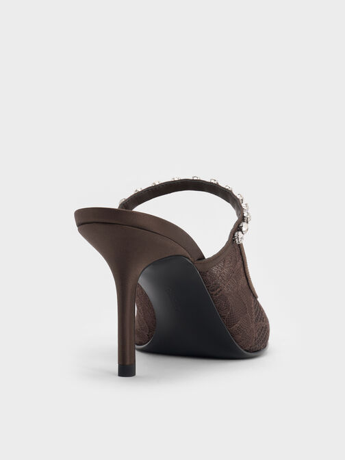 ميولز بكعب عالٍ من الدانتيل والساتان ومرصع بالكريستال, بني محبّب غامق, hi-res