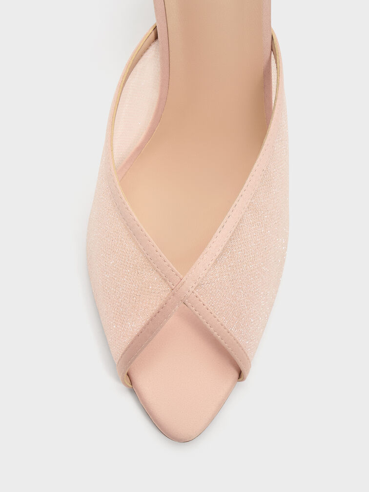 حذاء ميول بكعب ومقدمة مفتوحة من القماش الشبكي اللامع, وردي, hi-res