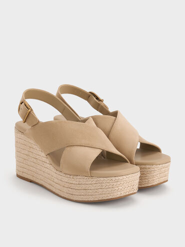 Faux Suede Crossover Espadrille Wedges, Sand, hi-res