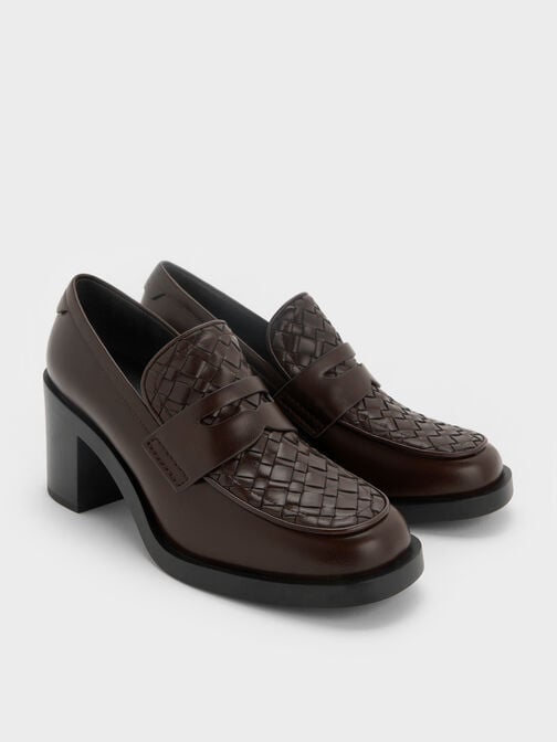 حذاء لوفر بكعب مربع بتفاصيل منسوجة وبإكسسوار معدني, بني داكن, hi-res