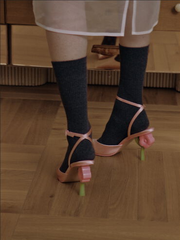 حذاء بكعب مدبب مزين بالزهور وحزام للكاحل, وردي, hi-res