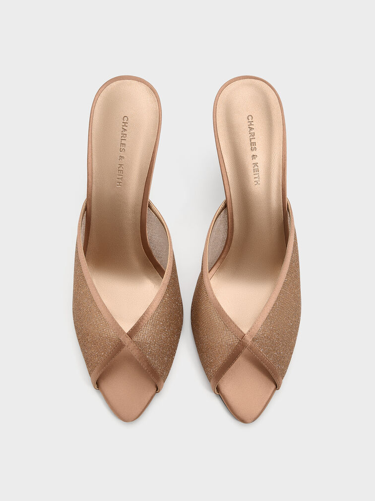 حذاء ميول بكعب ومقدمة مفتوحة من القماش الشبكي اللامع, برونزي, hi-res