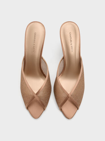 حذاء ميول بكعب ومقدمة مفتوحة من القماش الشبكي اللامع, برونزي, hi-res