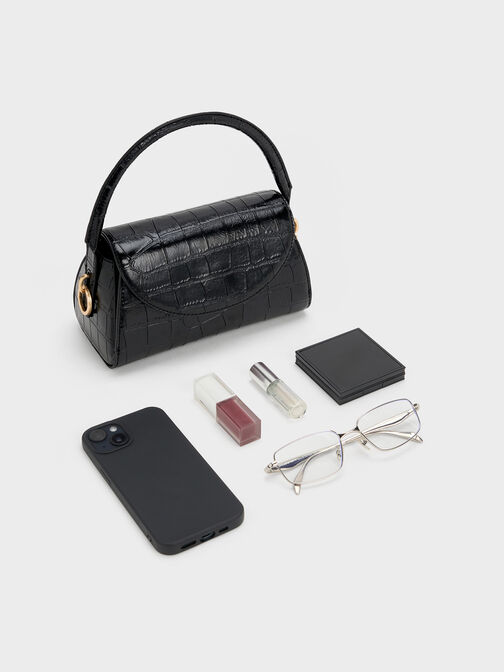 Kaila Croc-Effect Front-Flap Top Handle Bag, Black Croco, hi-res