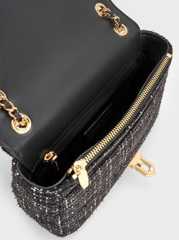 Arwen Tweed Diamond-Quilt Braided-Strap Shoulder Bag, Black Tweed, hi-res