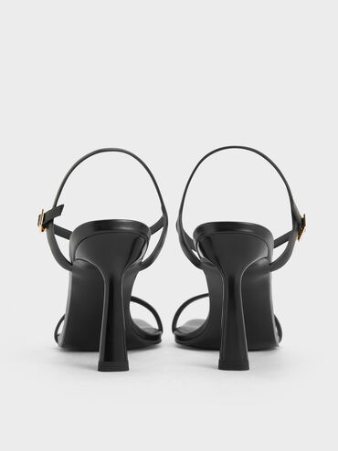 صندل بكعب عالٍ ومقدمة مربعة وحزام للكاحل, أسود, hi-res