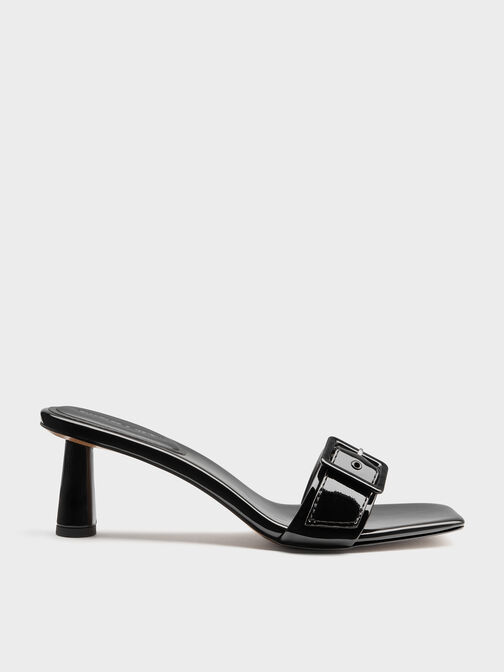 Patent Buckle-Strap Heeled Mules, Black Patent, hi-res