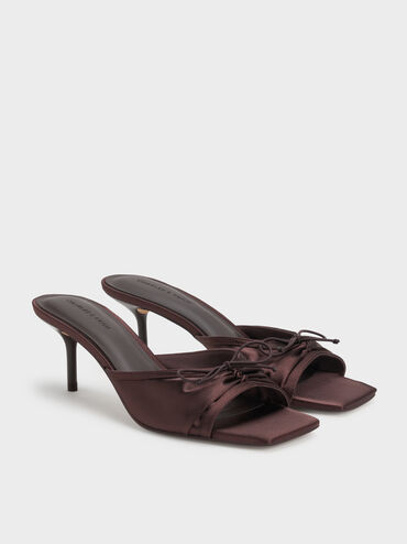 Sadira Satin Heeled Mules, Dark Brown, hi-res