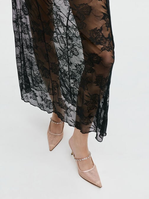 حذاء بكعب مرتفع مفتوح من الخلف (مولز) من الدانتيل والساتان  مطعم بالكريستال, لون البشرة الطبيعي, hi-res