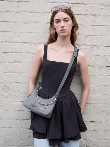 Nylon Chain-Link Trapeze Shoulder Bag, Grey, hi-res