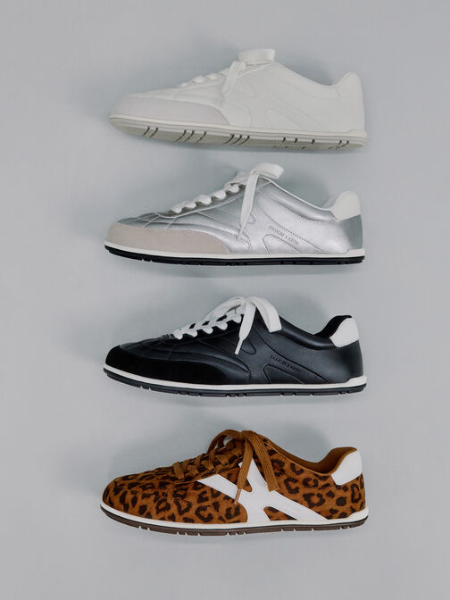 Faux Suede Two-Tone Low-Top Sneakers, White, hi-res