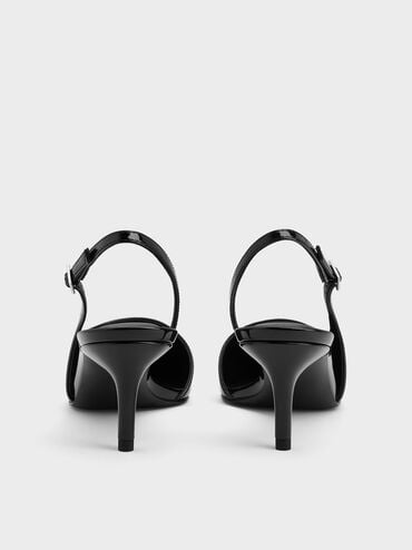 Patent Stiletto-Heel Pointed-Toe Slingback Pumps, Black Patent, hi-res