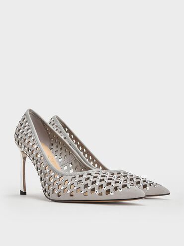 Studded Cut-Out Pointed-Toe Pumps, Light Grey, hi-res