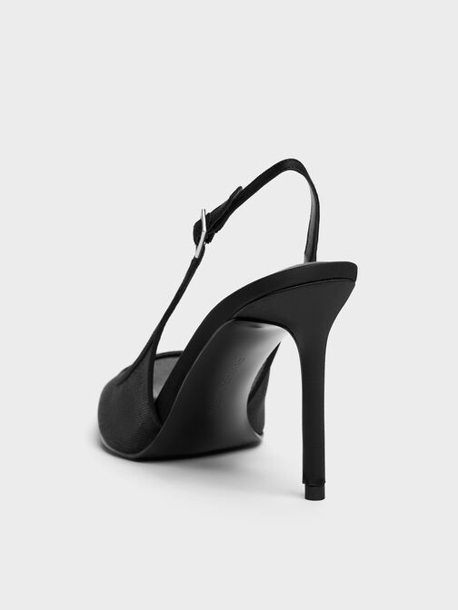 Glittered Mesh Pointed Slingback Pumps, Black Textured, hi-res