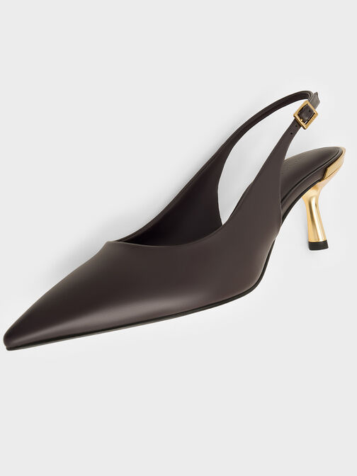 حذاء مفتوح من الخلف بكعب القطة الكلاسيكي ولمعة معدنية, بني داكن, hi-res