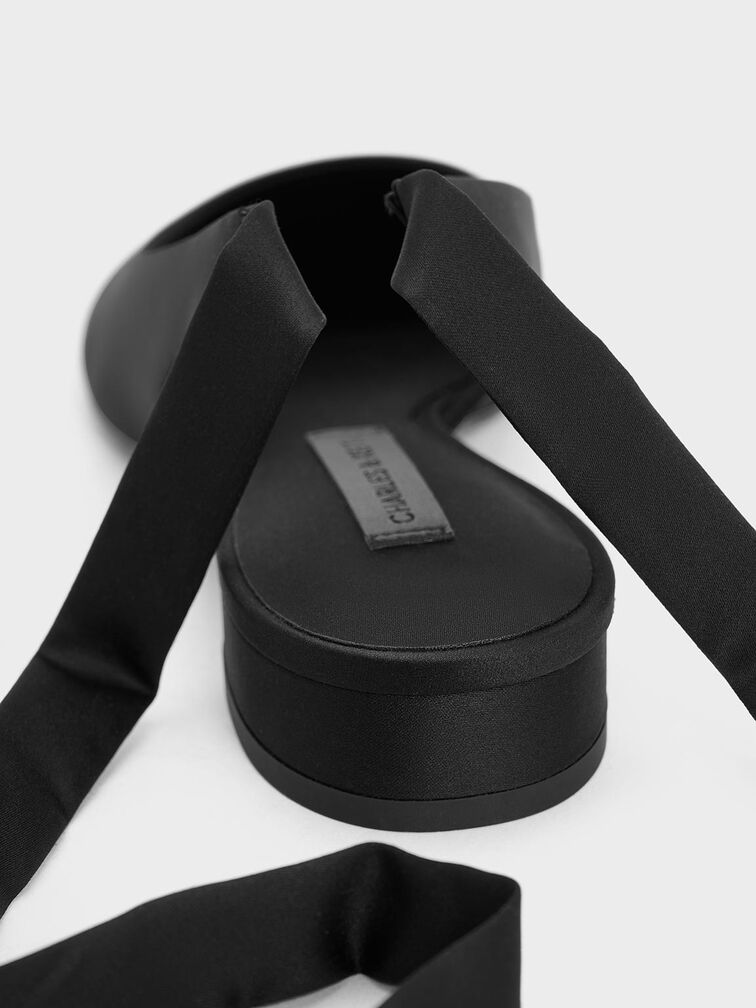 حذاء باليرينا من الساتان بدون كعب مع شريط ملفوف حول الكاحل, أسود خشن, hi-res