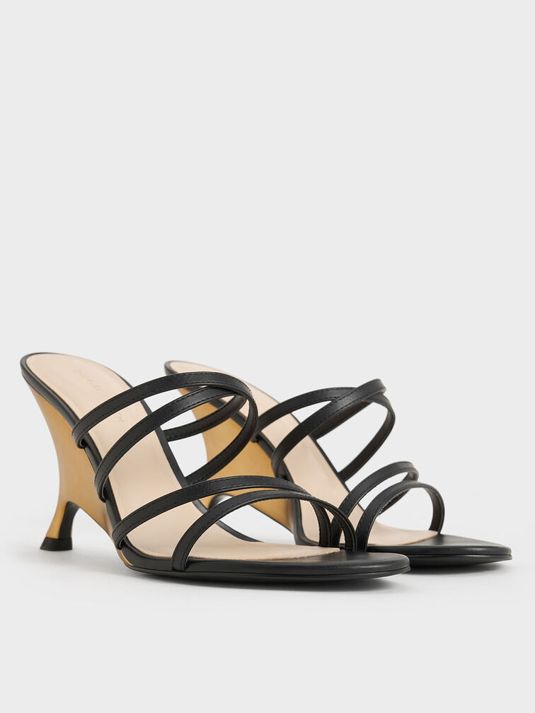 Strappy Sculptural-Heel Mules, Black, hi-res