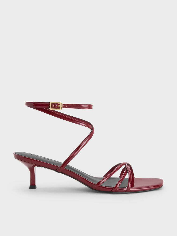 Patent Strappy Square-Toe Kitten-Heel Sandals, Red, hi-res