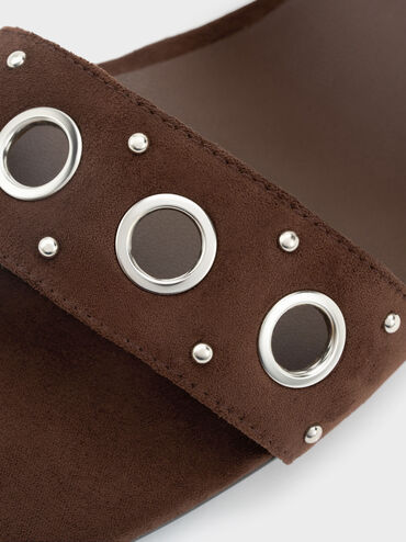 Faux Suede Grommet Buckled Slides, Dark Brown Textured, hi-res
