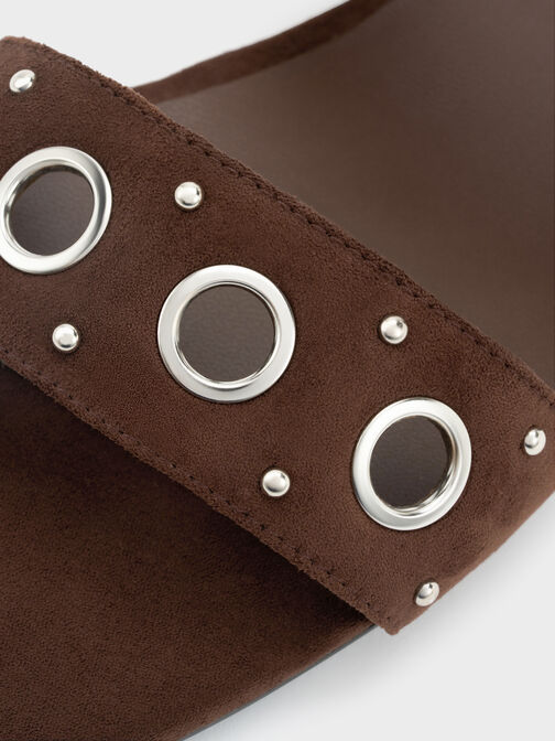 Faux Suede Grommet Buckled Slides, Dark Brown Textured, hi-res
