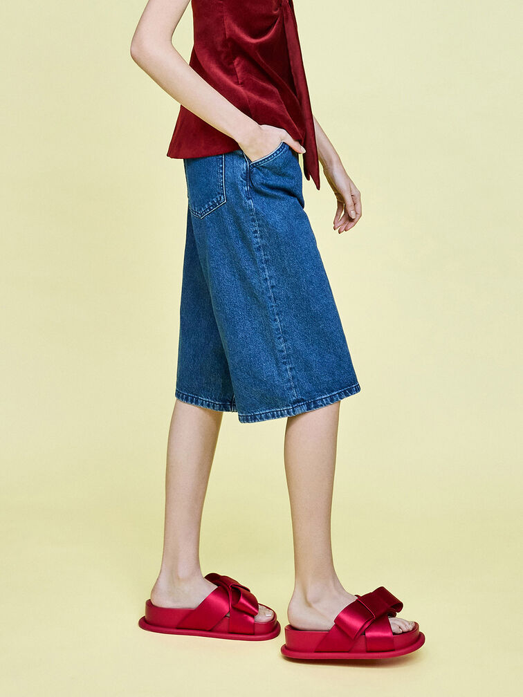 Satin Bow Flatform Sandals, Red, hi-res