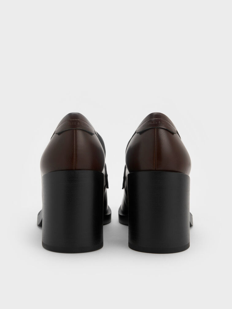 حذاء لوفر بكعب مربع بتفاصيل منسوجة وبإكسسوار معدني, بني داكن, hi-res