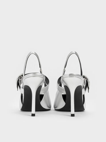 حذاء مفتوح من الخلف مزين بمشبك مطعم بالكريستال ولون معدني أنيق, فضي, hi-res