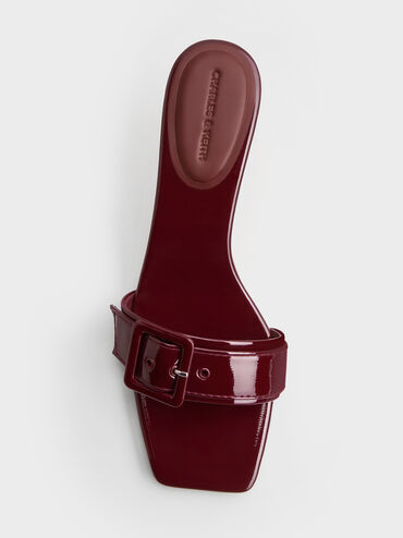 Patent Buckle-Strap Heeled Mules, Burgundy, hi-res