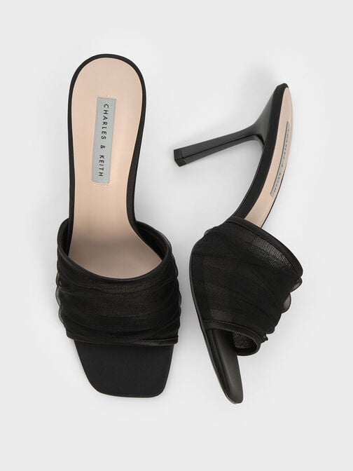 Recycled Polyester & Chiffon Ruched Heeled Mules, Black Textured, hi-res