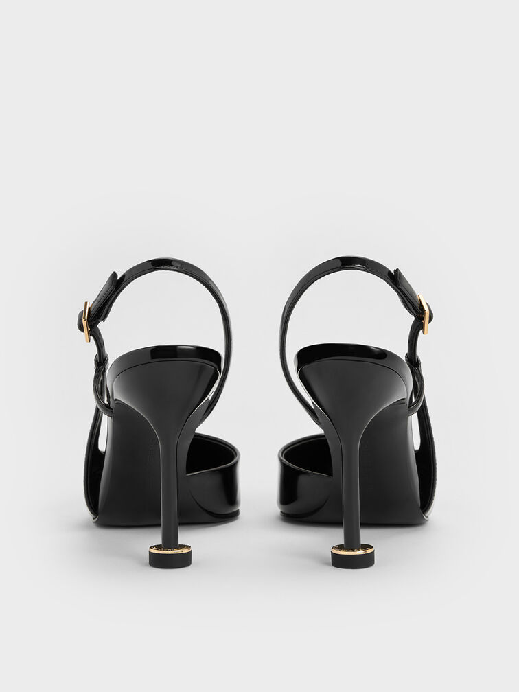 Wynn Patent Pointed-Toe Sculptural-Heel Slingback Pumps, Black Patent, hi-res