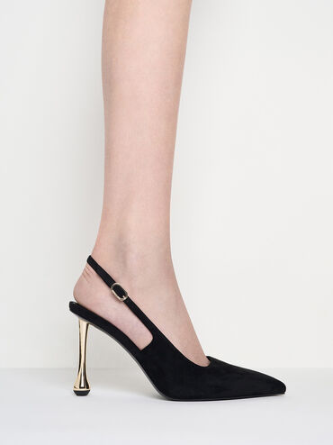Faux Suede Sculptural-Heel Pointed-Toe Pumps, Black Textured, hi-res