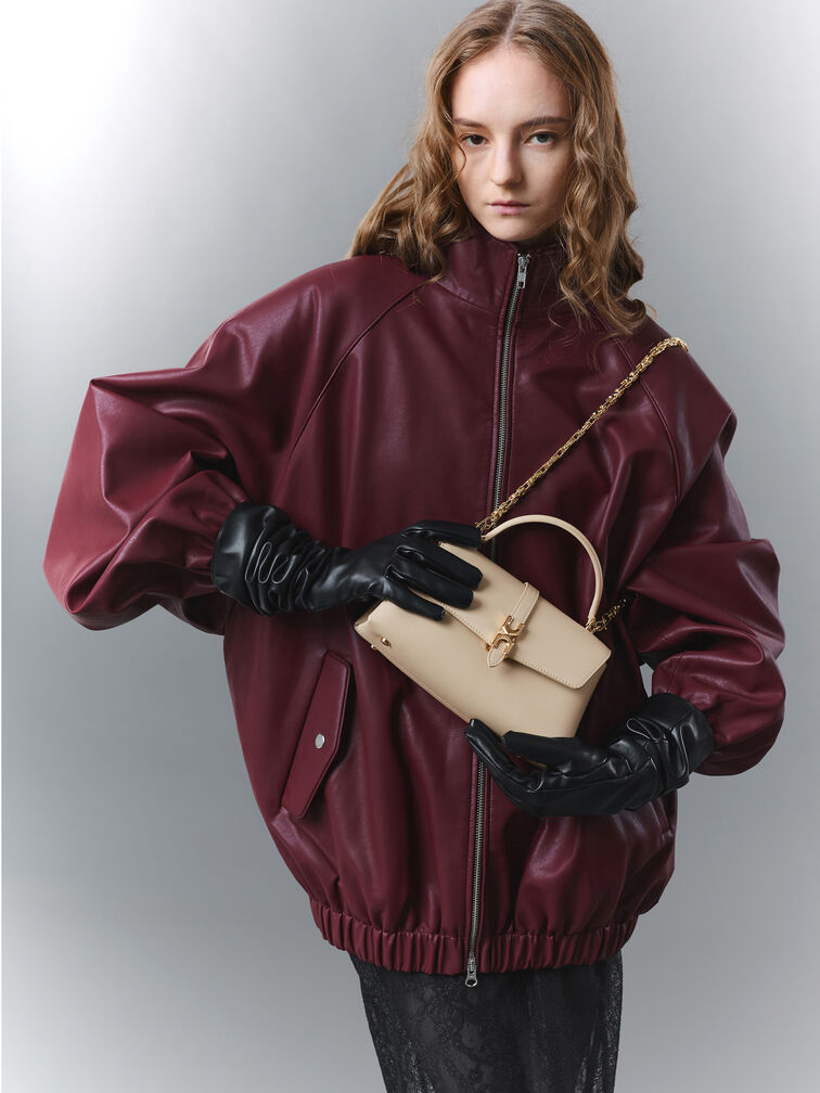 شنطة يد أدالين بمشبك معدني وحزام سلسلة, بيج مخملي, hi-res