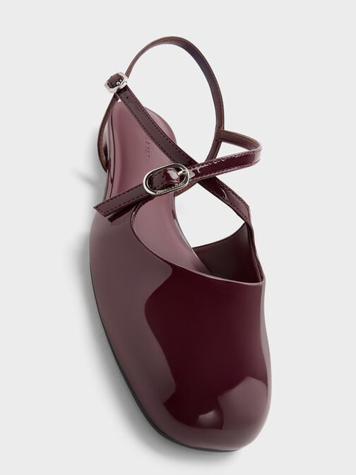 Patent Crossover Buckled Slingback Flats, Burgundy, hi-res