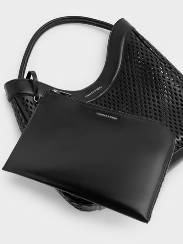 Juno Perforated Hobo Bag, Noir, hi-res