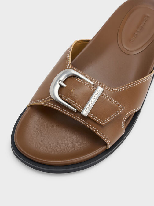 Stitch-Trim Buckled Slides, Cognac, hi-res