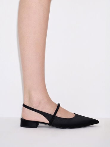 Satin Crystal-Strap Pointed-Toe Slingback Flats, Black Textured, hi-res