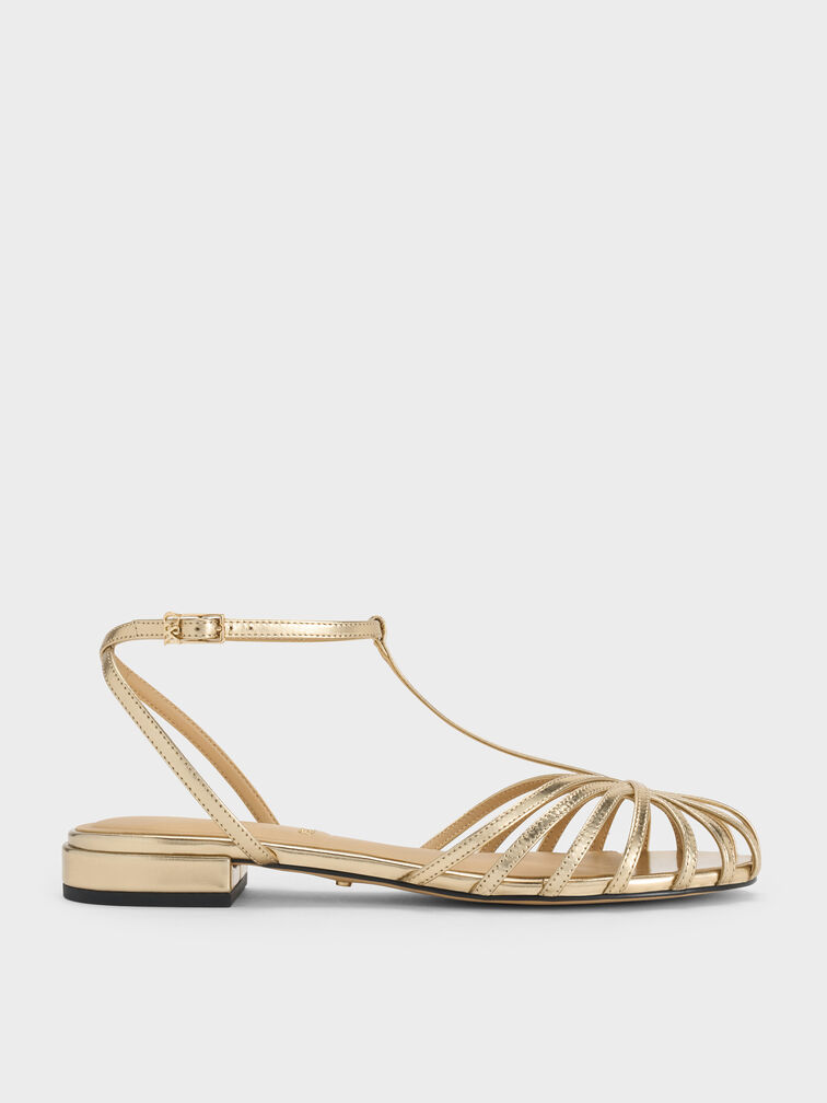Jaylene Metallic Leather Caged Sandals, Gold, hi-res